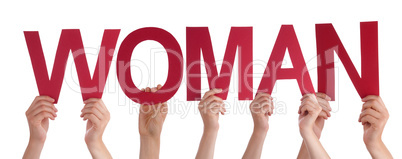 Many People Hands Holding Red Straight Word Woman