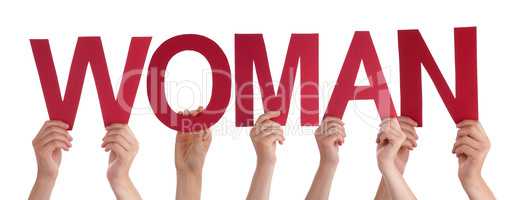 Many People Hands Holding Red Straight Word Woman