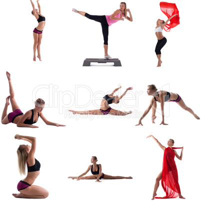 Set of girl engaged in aerobics. Isolated on white