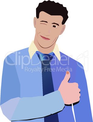 businessman in blue shirt smiling thumbs up wink