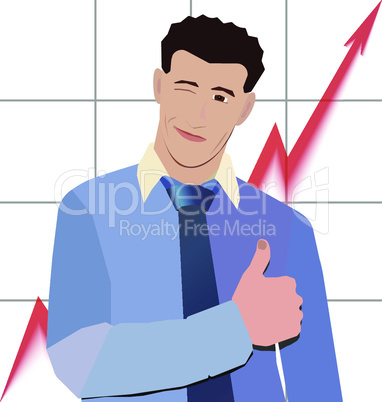 businessman winks thumbs up with red graph up behind