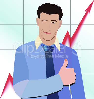 businessman winking thumb up on the background of graph drawing