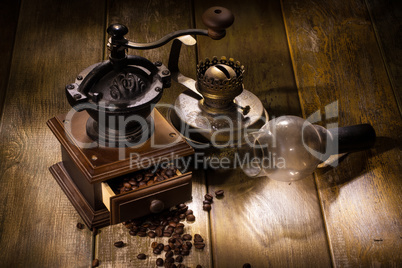 Coffee Mill And Old Oil Lamp