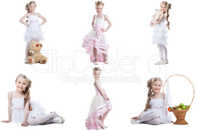 Collage of charming little model posing in dresses