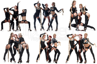 Collage of sexy female dancers with long pigtails