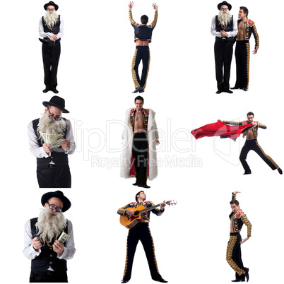Photo collage of artistic men dressed in costumes
