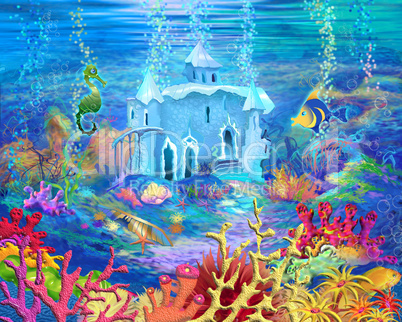 Mysterious and Fantasy Undersea World. Underwater Castle.