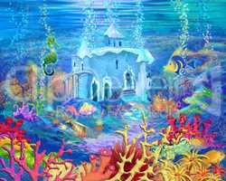 Mysterious and Fantasy Undersea World. Underwater Castle.