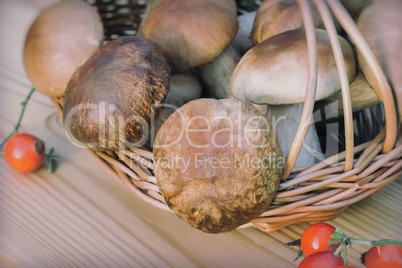White strong mushrooms in a basket on the table surface