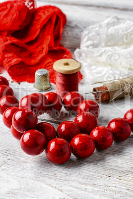 Fabric and large coral beads