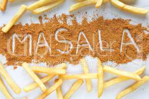 Masala written text with Potato chips french fries