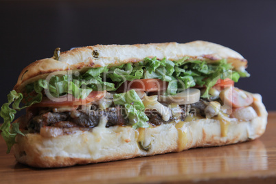 Juicy steak sandwich closeup