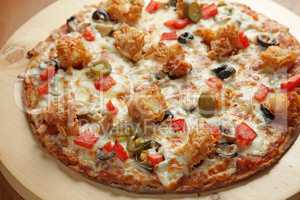 Prawn shrimp flat bread pizza closeup