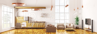 Modern loft apartment interior panorama 3d rendering