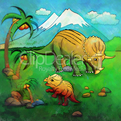 Dinosaur in the habitat. Illustration Of Triceratops