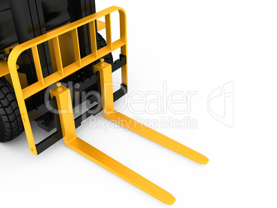 View close-up forklift truck cargo isolated on white background. 3d rendering