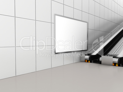 Mock up poster media template ads display in Subway station escalator. 3d rendering