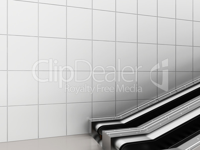 Escalator, Up and down escalators in public building. Office building or subway station. 3d rendering