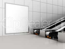 Mock up poster media template ads display in Subway station escalator. 3d rendering