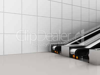 Escalator, Up and down escalators in public building. Office building or subway station. 3d rendering