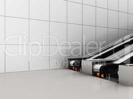 Escalator, Up and down escalators in public building. Office building or subway station. 3d rendering