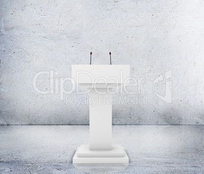 Speaker podium tribune rostrum stand with microphones. Debate, press conference