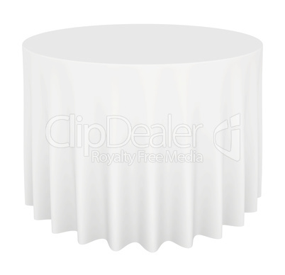 Empty round table with tablecloth isolated on white background