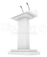 Speaker podium tribune rostrum stand with microphones. 3d render isolated on white background. Debate, press conference.