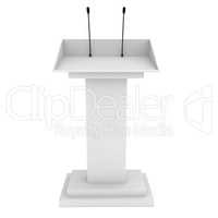 Speaker podium tribune rostrum stand with microphones. 3d render isolated on white background. Debate, press conference.