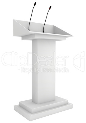 Speaker podium tribune rostrum stand with microphones. 3d render isolated on white background. Debate, press conference.