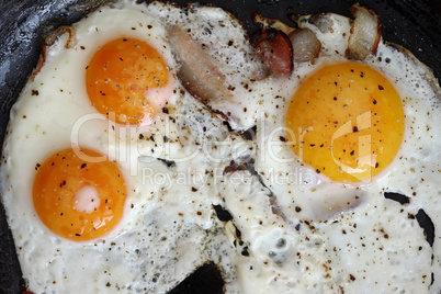 Fried eggs with bacon on the pan -  hearty breakfast