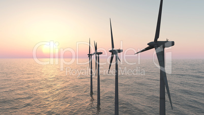 Windkraftanlagen im Meer bei Sonnenuntergang