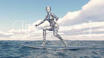 Weiblicher Roboter auf einem Surfbrett