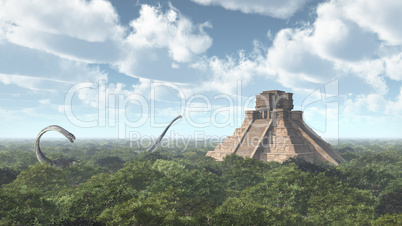 Dinosaurier Omeisaurus und Maya Tempel