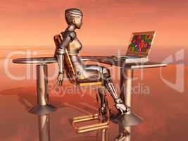 Weiblicher Roboter vor einem Laptop