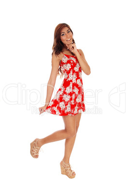 Young woman in red dress.