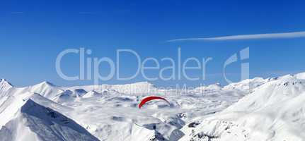 Panoramic view on sky gliding in Caucasus Mountains