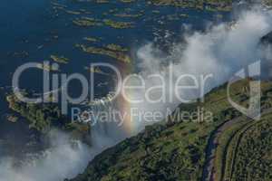 Aerial view of Victoria Falls and rainbow