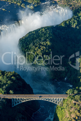 Aerial view of bridge and Victoria Falls