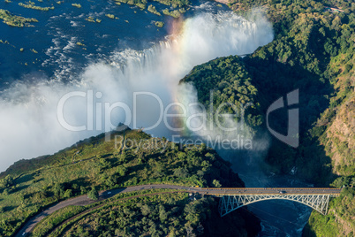 Aerial view of bridge before Victoria Falls