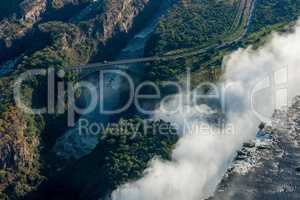 Aerial view of bridge behind Victoria Falls