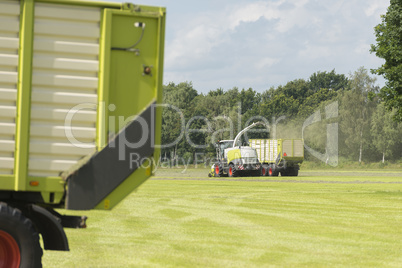 forage harvester and transport of grass with tractor and a loade