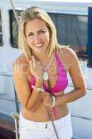Beautiful Blond Girl Young Woman on Boat in Bikini