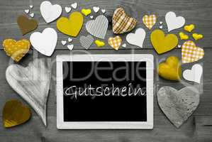 Chalkbord With Many Yellow Hearts, Gutschein Means Voucher