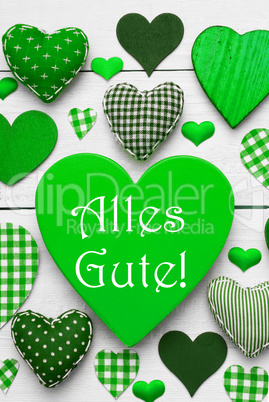 Vertical Card With Green Hearts, Alles Gute Means Best Wishes