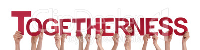 Many People Hands Holding Red Straight Word Togetherness