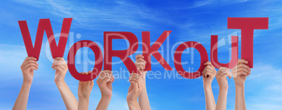 Many People Hands Holding Red Word Workout Blue Sky