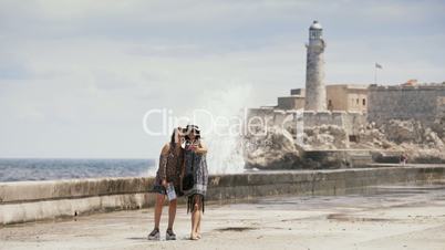 1-Tourist Girls Taking Selfie With Mobile Phone In Habana Cuba