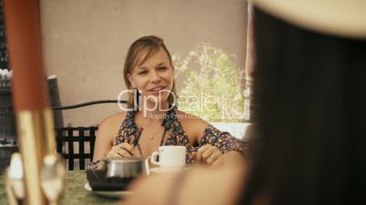 6-Women Friends At Cafeteria Smoking Electronic Cigarette