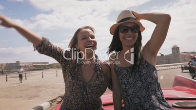 14-Slowmotion Happy Tourist Girls On Vintage Car Havana Cuba